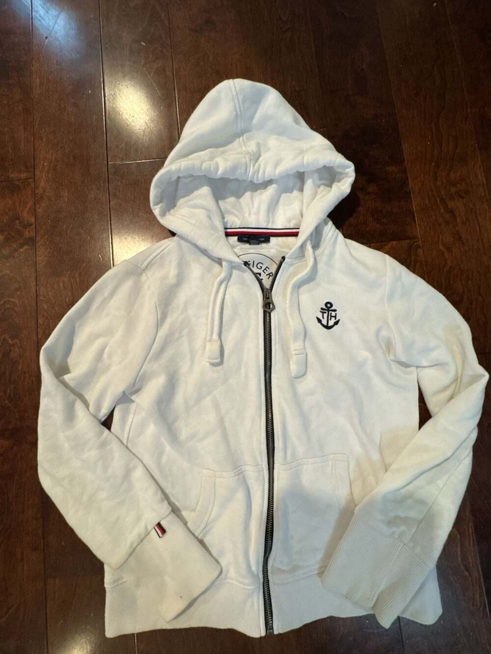 Women's White Tommy Hilfiger Full Zip Hoodie with Anchor Logo size S